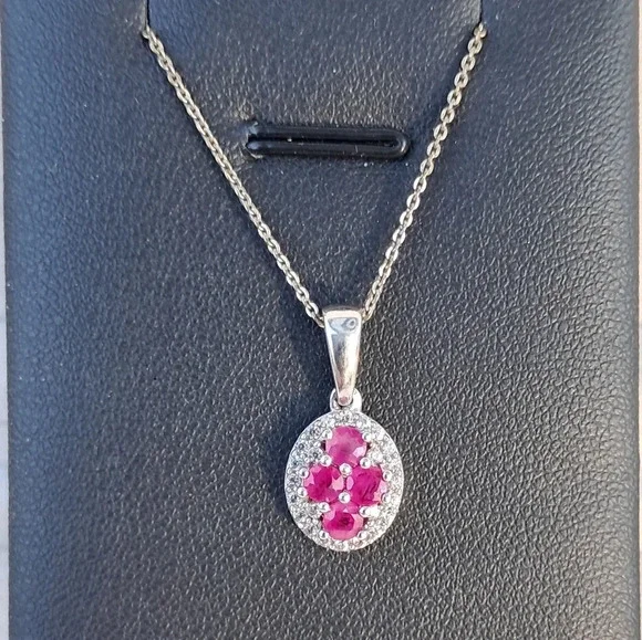 Natural Ruby & Natural White Zircon Style Necklace In 925 Sterling Silver - Picture 3 of 11